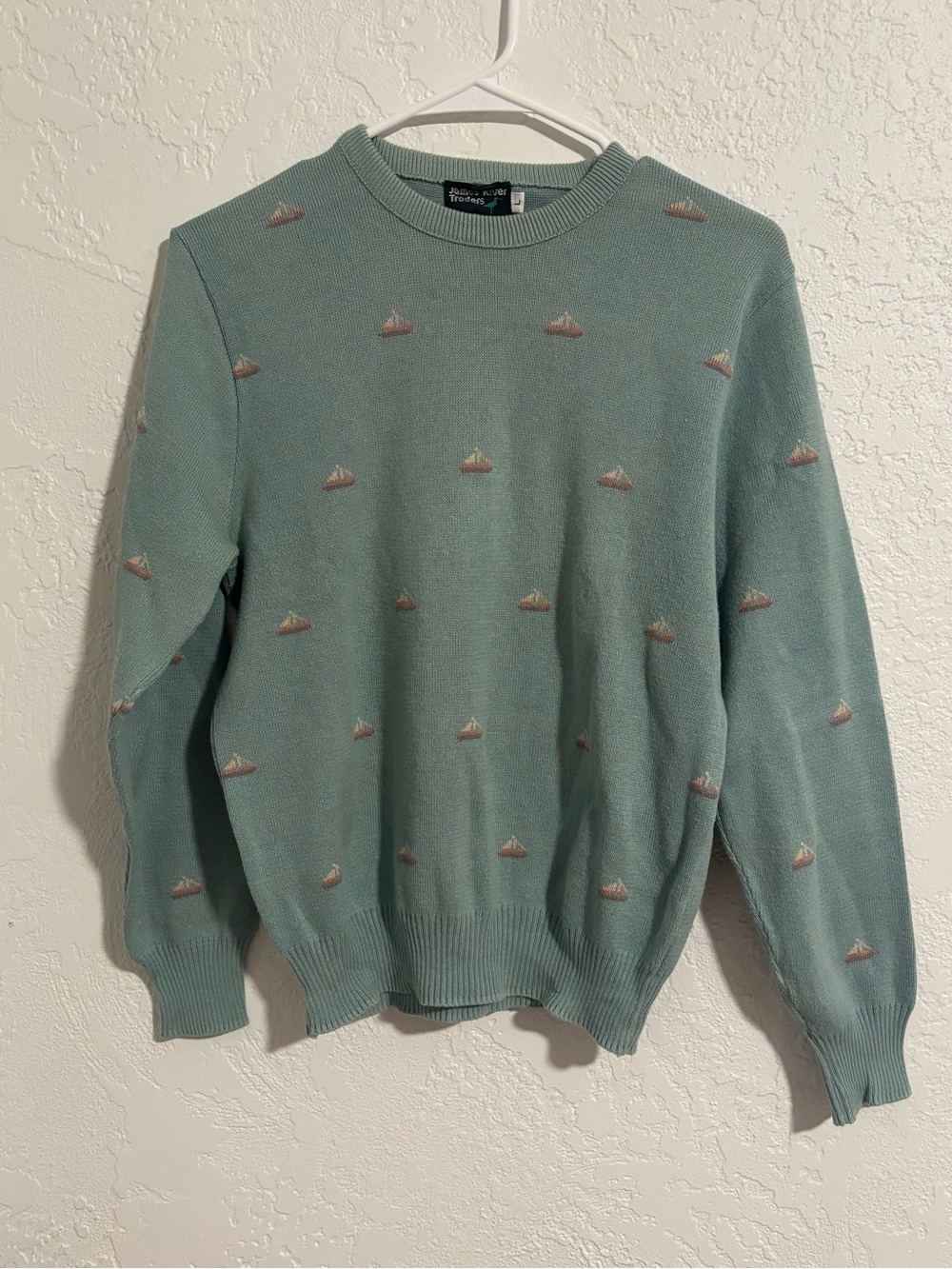 Vintage 80s/90s Crewneck Sweater in Sage Green with Sailboat Motif